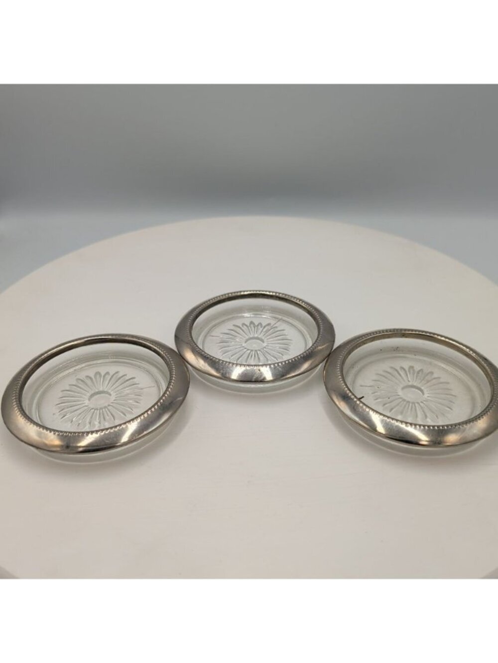 3 Silver plated & Glass Drink Coasters Sunburst Design Regal Silver E. P. Steel